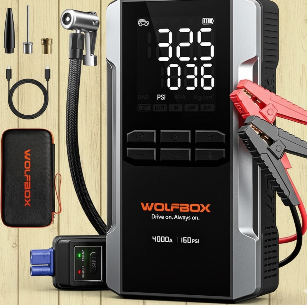 WOLFBOX 4000A Jump Starter with 160PSI Air Compressor