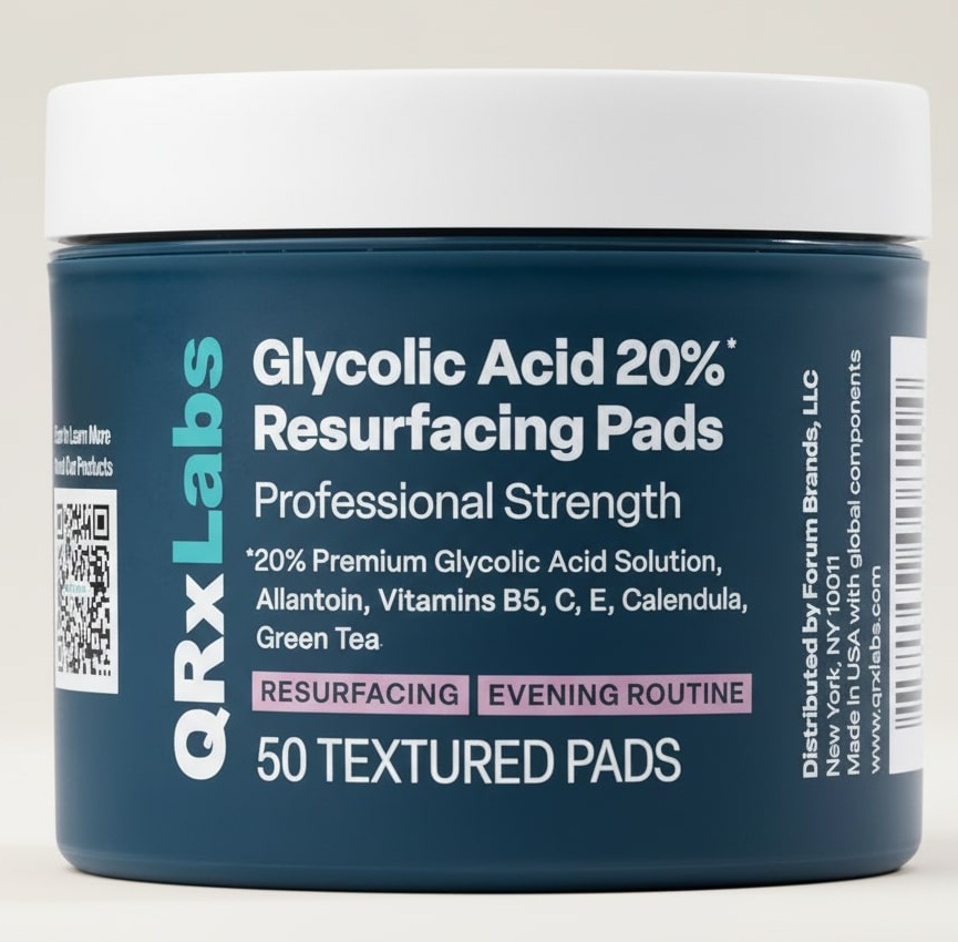 QRxLabs Glycolic Acid 20% Resurfacing Pads — Exfoliating Peel Pads with Vitamins & Green Tea (50 Count)