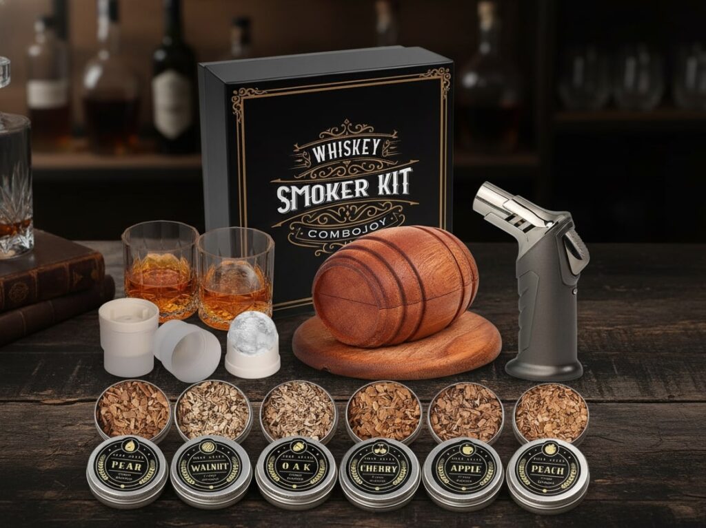 A complete whiskey smoker kit with glasses, wood chips, and a torch, perfect for unique holiday gifts or home bar enthusiasts.