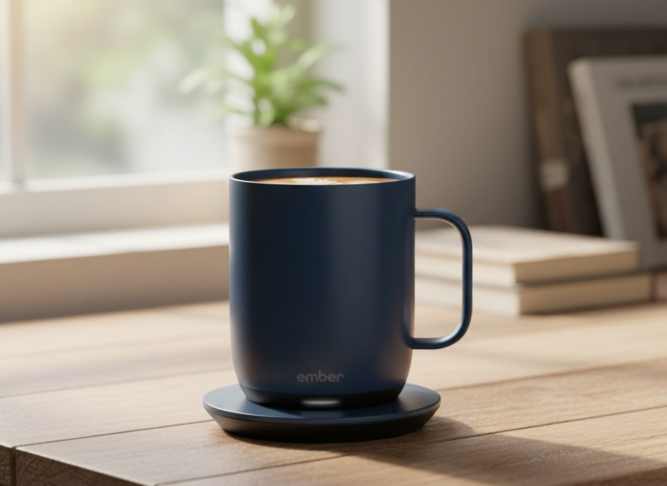 A dark blue Ember Mug 2 smart mug on its matching charging coaster in a modern kitchen setting, a thoughtful tech gift for him.