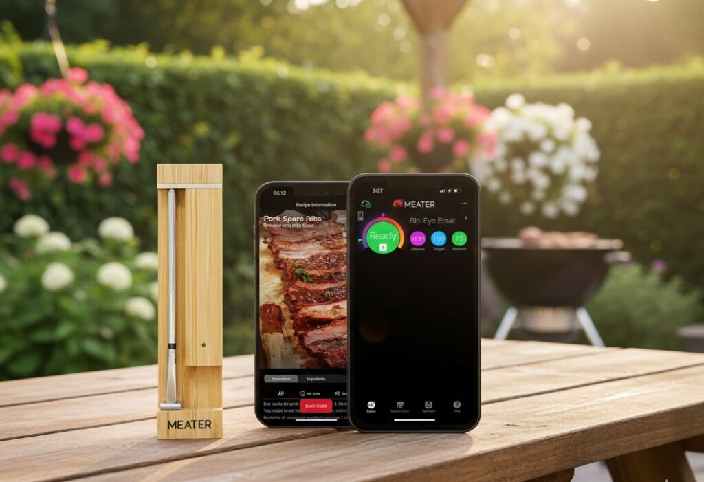 The MEATER Plus wireless smart meat thermometer with its mobile app displaying temperature readings, perfect for precision grilling and BBQ gifts.
