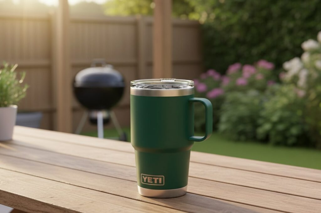 A green YETI Rambler 20 oz Tumbler sitting on a wooden table outdoors, an ideal Christmas gift for the active man.
