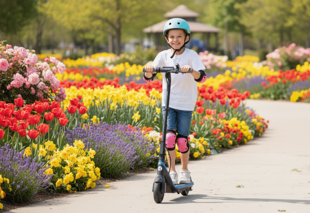 a boy withn scooter in the garden