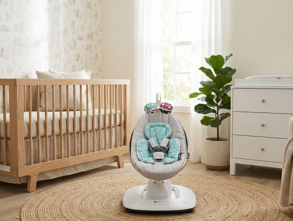 4moms mamaRoo Multi-Motion Baby Swing in grey and teal with interactive toys, offering multiple motions and sounds for baby's soothing and entertainment in a stylish nursery