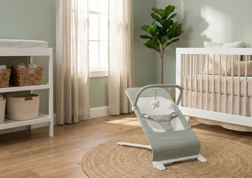 Ergobaby Evolve 3-in-1 Bouncer in charcoal grey, showcasing its versatile design in a cozy nursery, providing comfort from newborn to toddler stages.