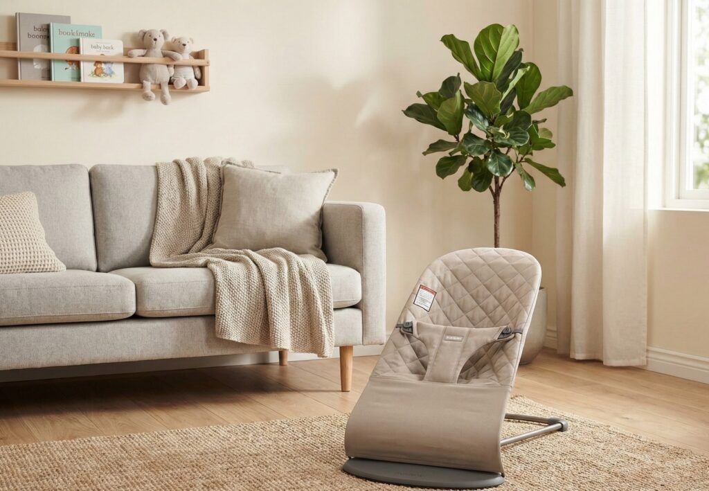 BabyBjorn Bouncer Bliss in beige, a comfortable and ergonomic baby bouncer chair for newborns and infants, perfect for modern living rooms and nurseries