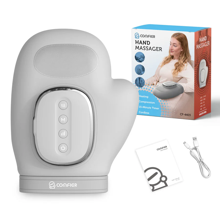 Image of the 2025 Conlier Wireless Hand Massager CF-4403, featuring a gray glove-shaped design with heat, compression, and control buttons on the top; shown alongside its packaging box, USB charging cable, and user manual.