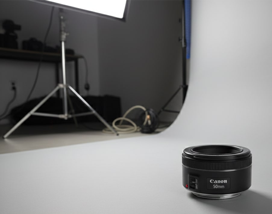 A black Canon EF 50mm f/1.8 STM lens resting on a light grey surface in a photography studio setup, with softboxes and tripods blurred in the background