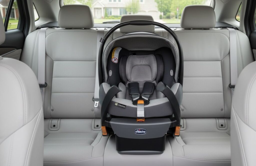 Chicco KeyFit 35 infant car seat in charcoal gray, installed in the back seat of a car with cream-colored interior, facing forward.
