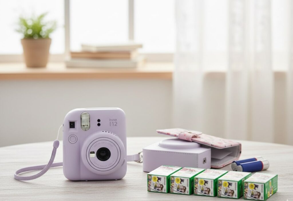 Light purple Fujifilm Instax Mini 12 instant camera and accessories on a wooden table by a sunny window.