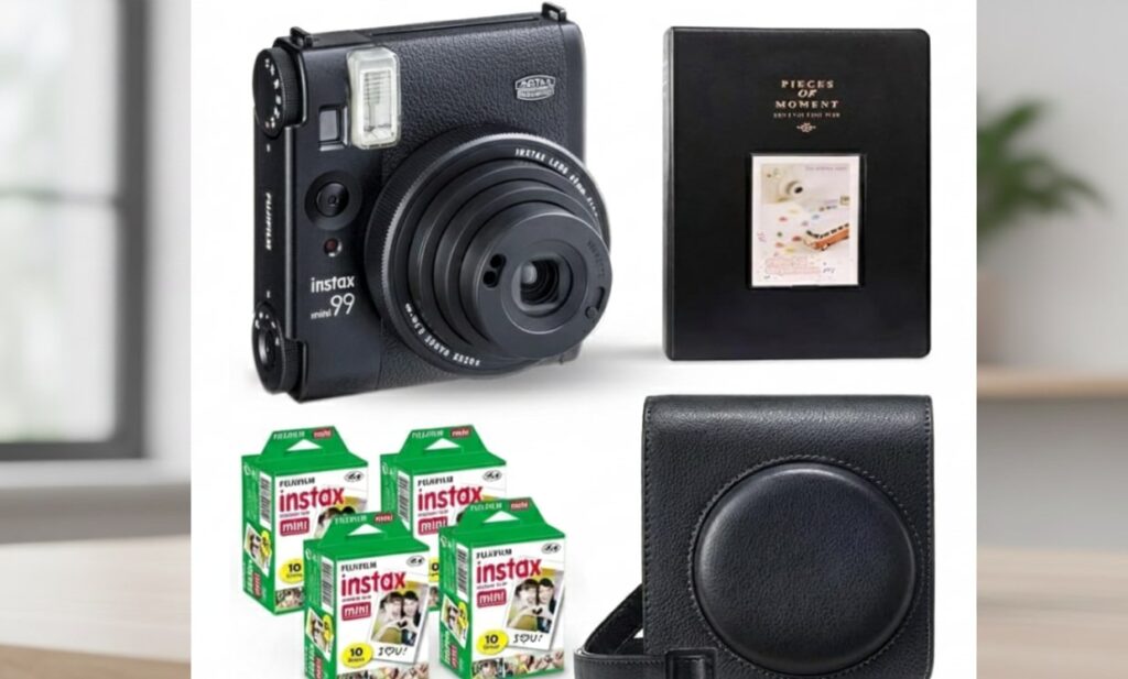 Full set of Instax Mini 12 camera, matching carrying case, and film, against a blurred light background for e-commerce product display.