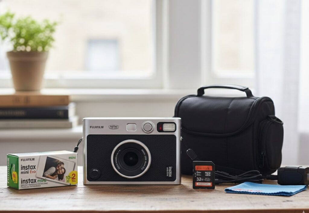 Lilac Instax Mini 12 camera kit with film boxes and strap, photographed in a bright, natural light setting
