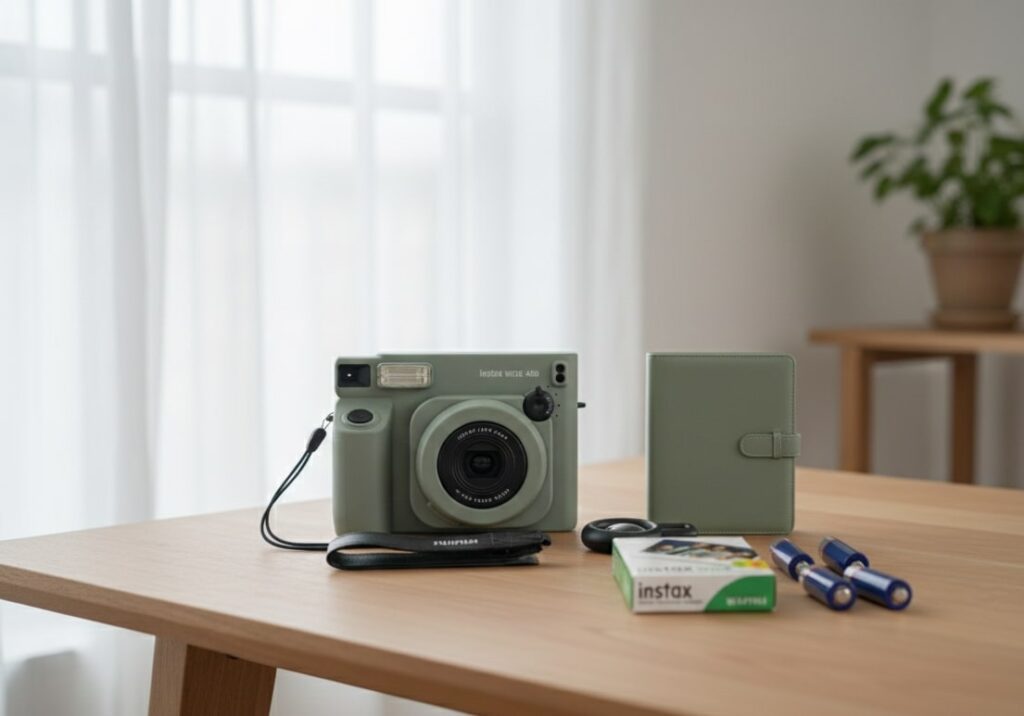 lose-up of a pastel purple Instax Mini 12 instant camera with film packs and case in a soft, minimalist indoor scene.