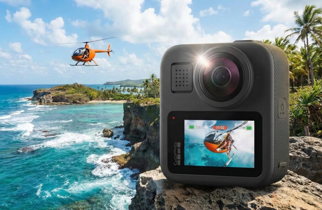 GoPro Max 360 action camera featuring a front color screen.