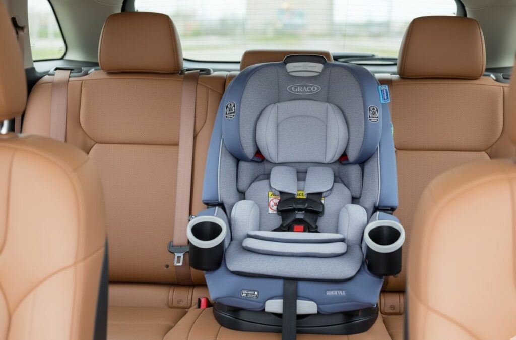 Graco 4Ever DLX 4-in-1 car seat in blue and gray, installed in the back seat of a car with tan leather interior, facing forward.