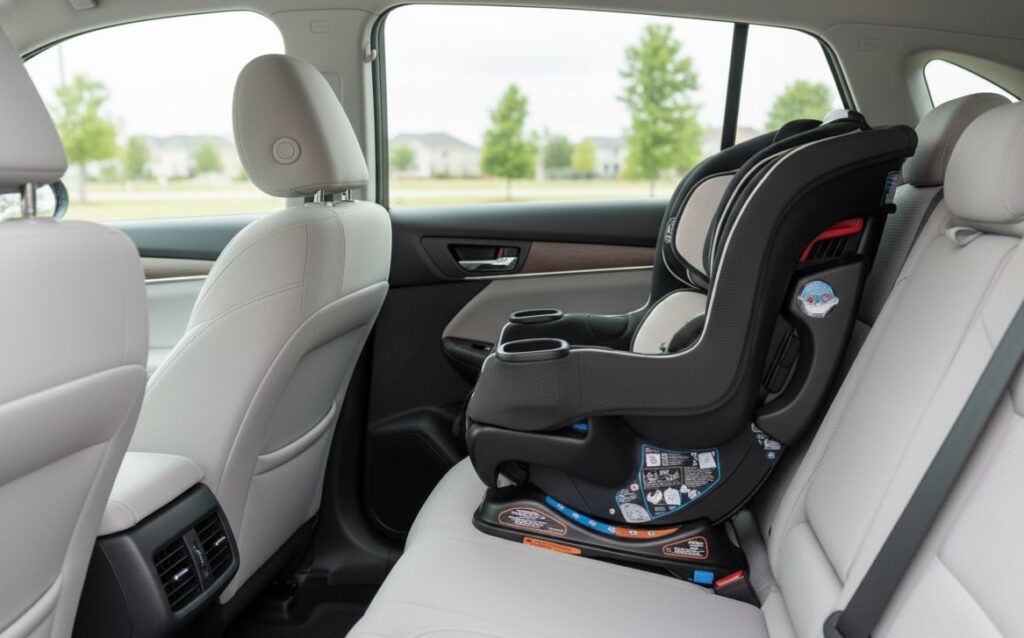 Graco Extend2Fit car seat in black and light gray, installed rear-facing in the back seat of a car with light gray interior.