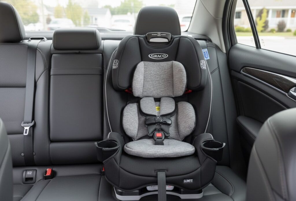 Graco Slimfit 3-in-1 Convertible Car Seat in black and gray, installed in the back seat of a car with black interior, facing forward.