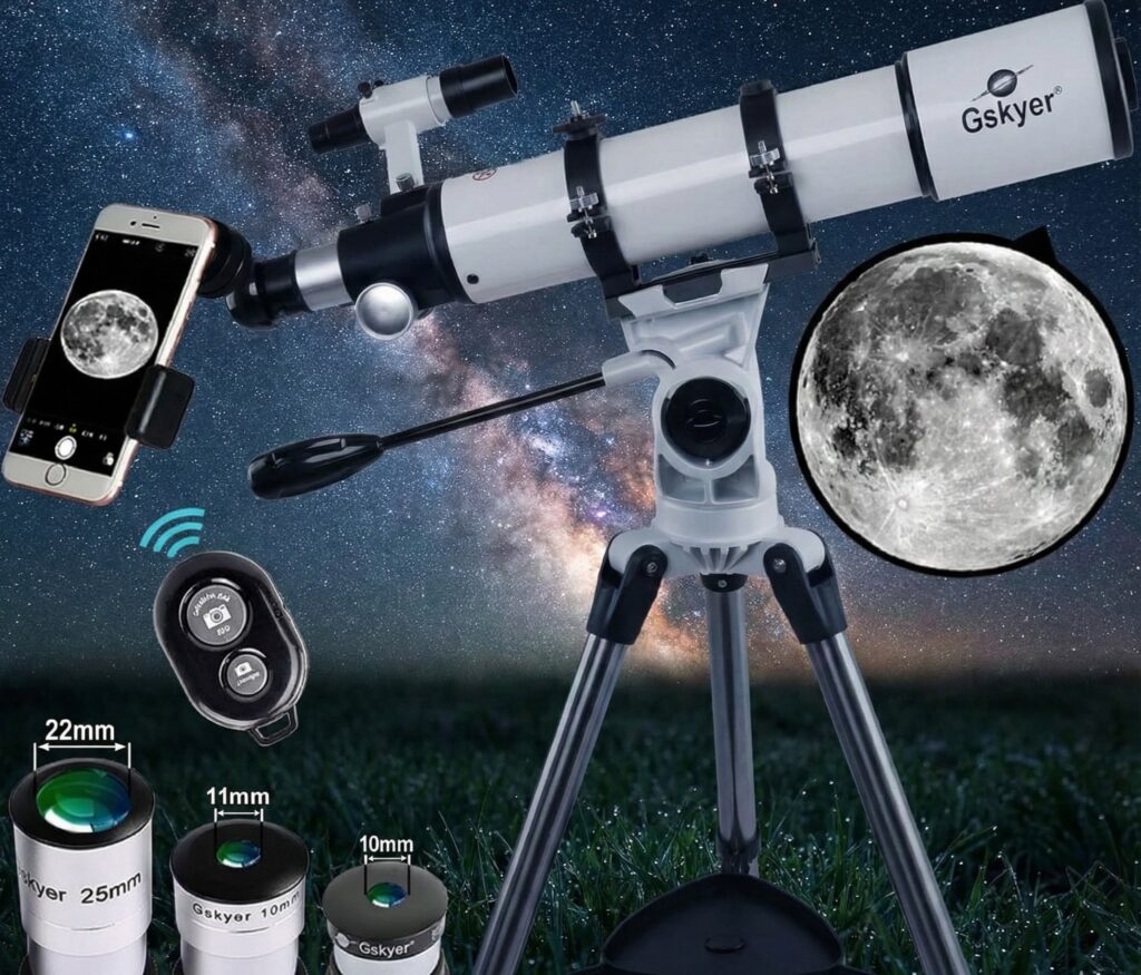 Gskyer 70mm Aperture Telescope full kit including adjustable tripod, smartphone adapter displaying moon image, wireless camera remote, and multiple eyepieces for beginners
