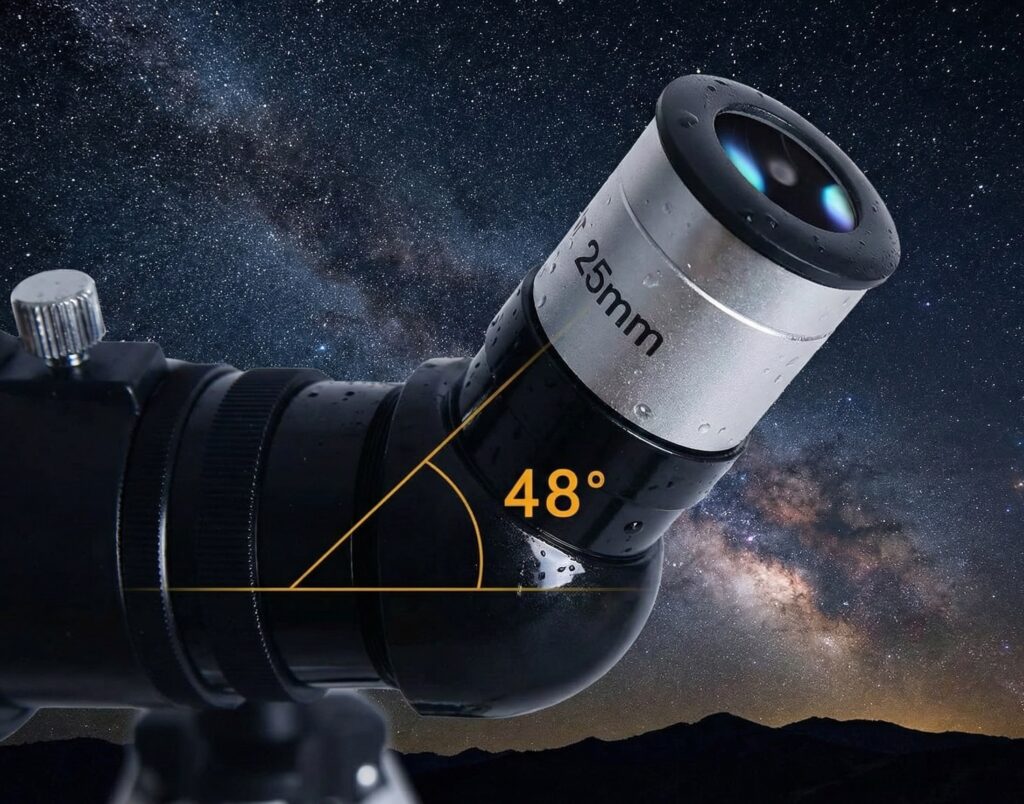 Close-up detail of Gskyer Telescope 48-degree erecting diagonal prism with 25mm eyepiece attached, demonstrating comfortable viewing angle for terrestrial and astronomical observation