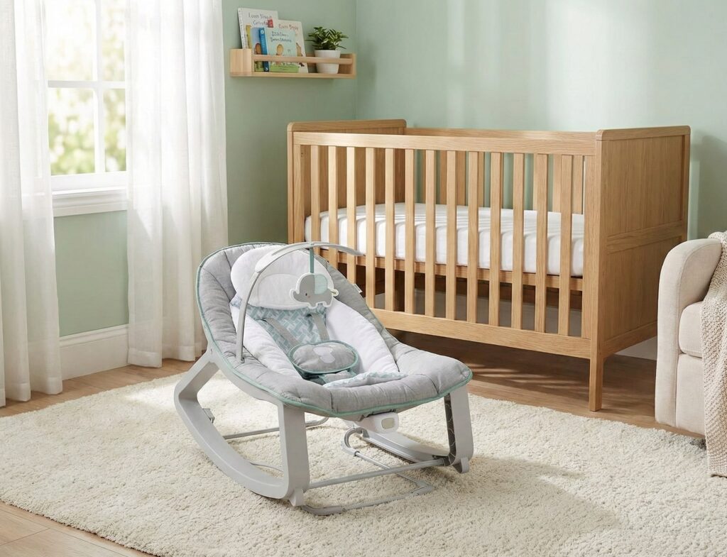 Bright Starts Playful Paradise Rocker for infants, featuring a removable toy bar and gentle rocking motion in a soft, elephant-themed design within a bright nursery