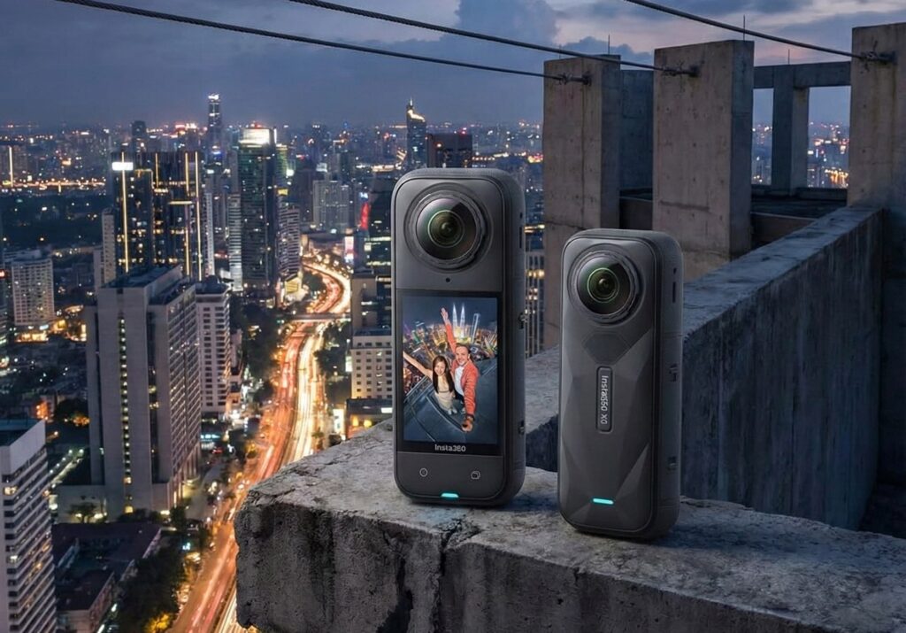 Insta360 X5 360 camera showing large touchscreen and dual lenses.