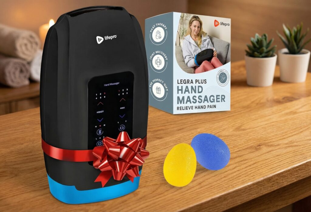 Electric cordless hand massager for arthritis and carpal tunnel relief in a relaxing spa setting, perfect gift idea