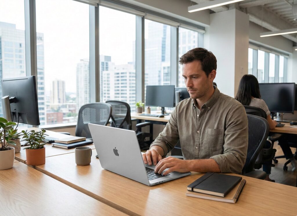 A professional man sitting at a wooden desk in a modern office, typing on a silver MacBook Pro M5 2025 laptop with a city view in the background