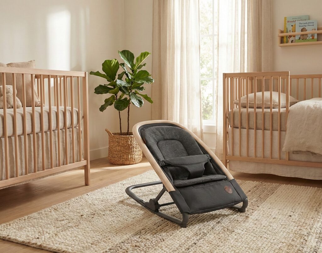 Maxi-Cosi Kori 2-in-1 Bouncer in essential graphite with a wooden frame, designed for ultimate comfort and style in a spacious twin nursery environment