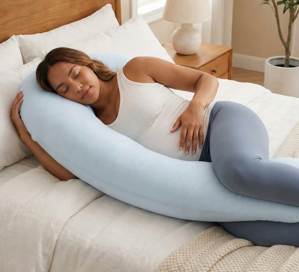 Pregnant woman resting comfortably with a light blue C-shaped full body maternity pillow supporting her back and belly.