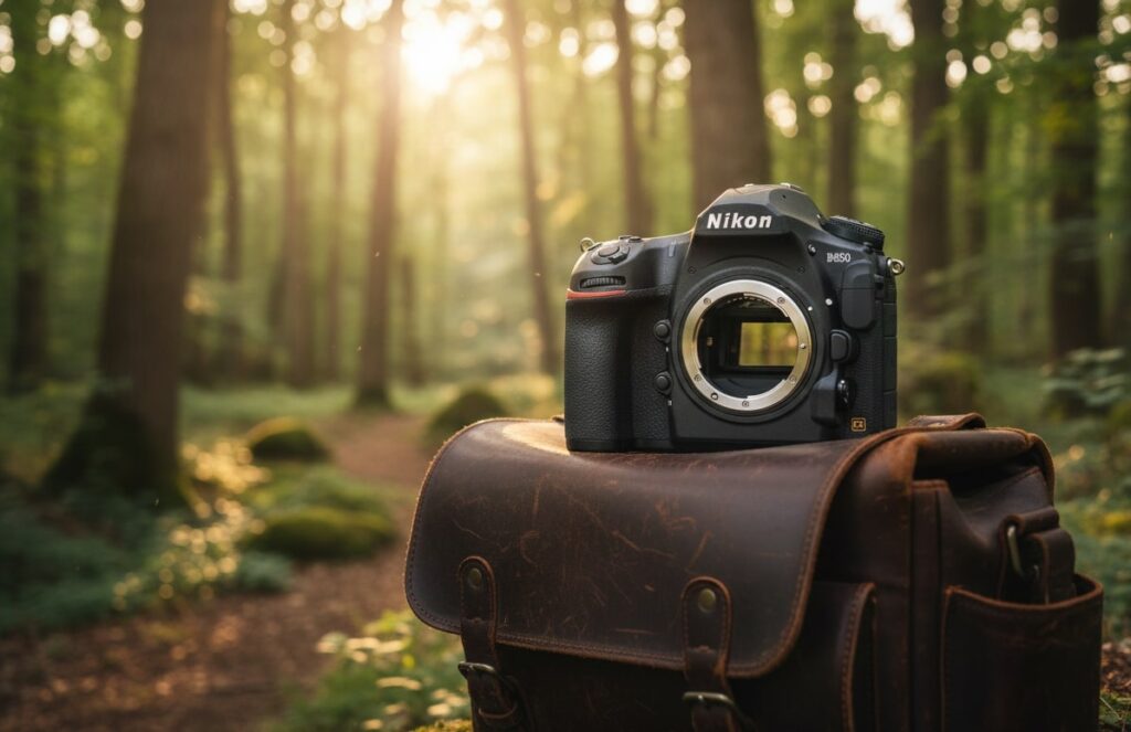 A Nikon D850 DSLR camera body rests on a brown leather camera bag in a sun-dappled forest setting. The warm sunlight filters through the trees in the background, creating a soft, natural glow
