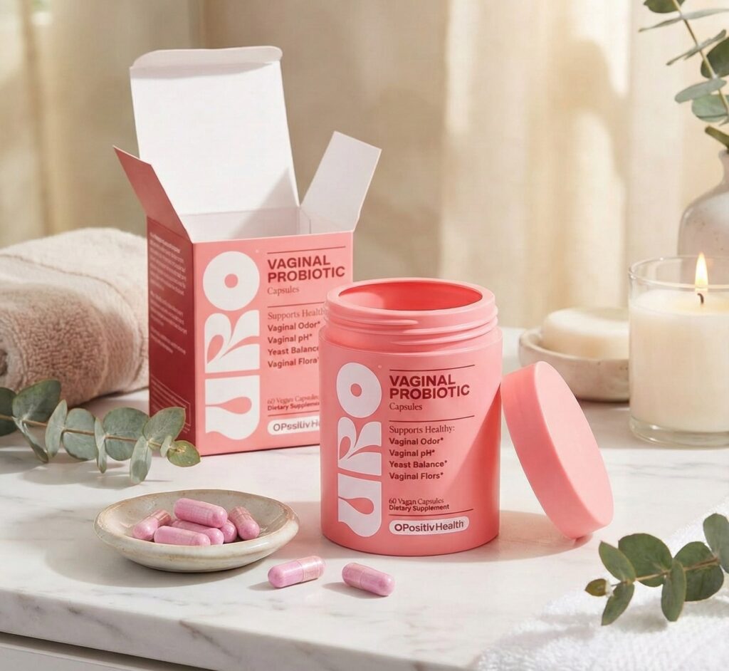Open bottle of URO Vaginal Probiotic with pink vegan capsules shown next to the packaging for healthy yeast balance and odor control.