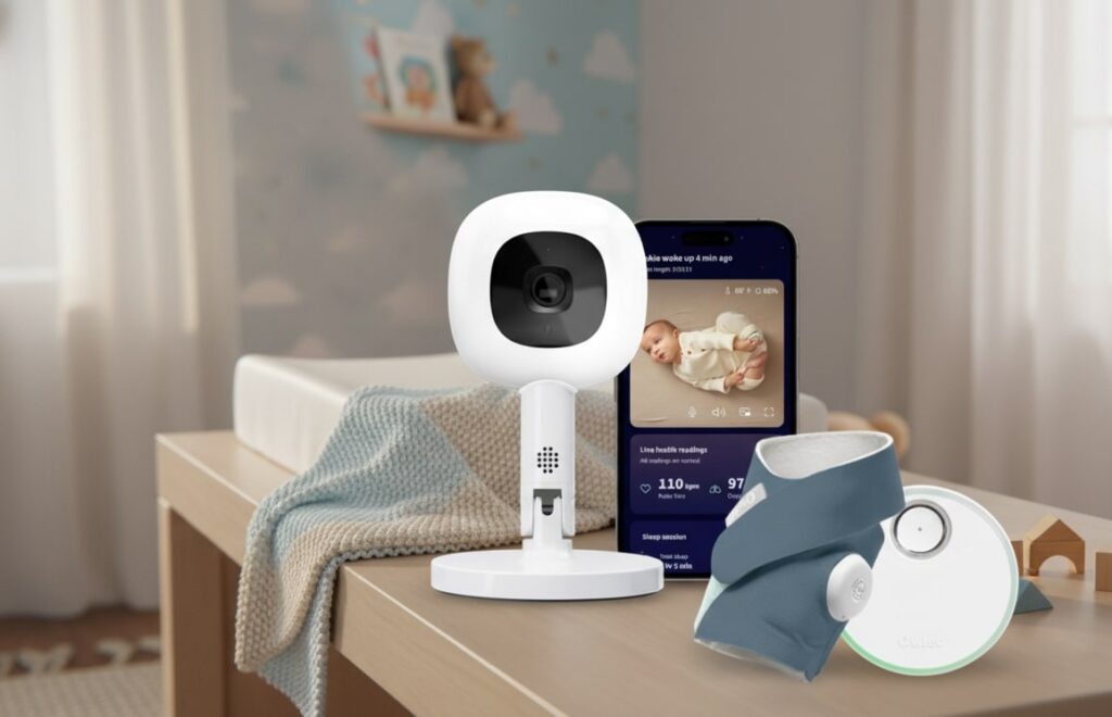 Owlet Dream Duo, a comprehensive baby monitoring system including a smart camera, Smart Sock, and Base Station, with a smartphone showing health readings and a sleeping infant