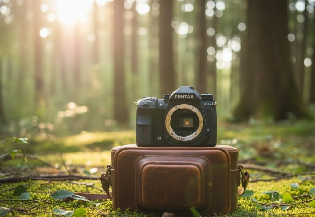 A Pentax K-3 III DSLR camera body sits on a light brown leather camera case in a sunlit forest. The ground is covered in moss and foliage, with blurred trees and golden light in the background.