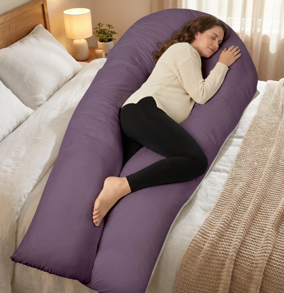 Pregnant woman side-sleeping with a dark purple J-shaped full body maternity pillow for back and leg support.