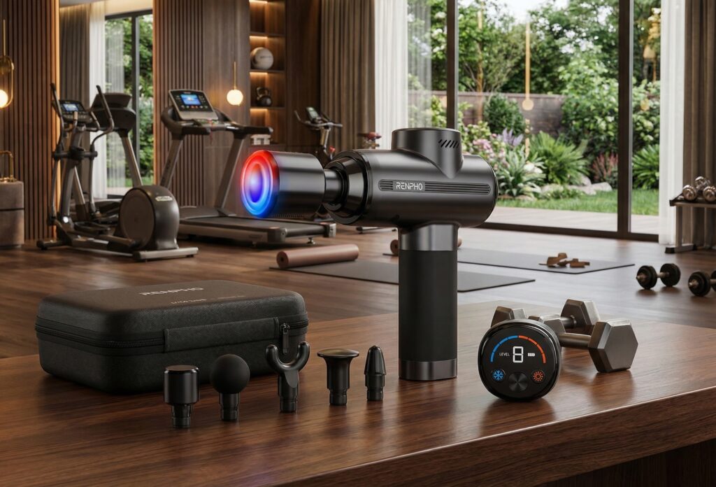 Renpho percussion massage gun for muscle recovery with heating function and accessories in a professional wellness setting.
