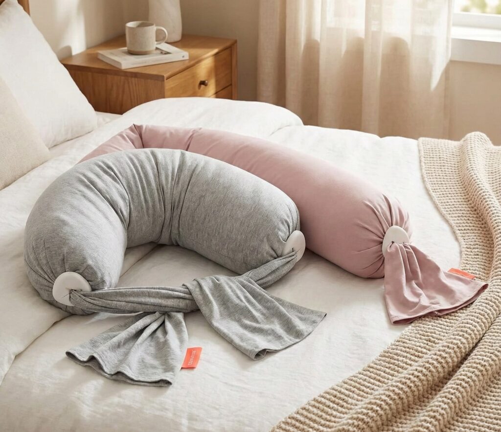djustable grey and pink pregnancy and nursing pillows with silicone pebbles for firmness control.