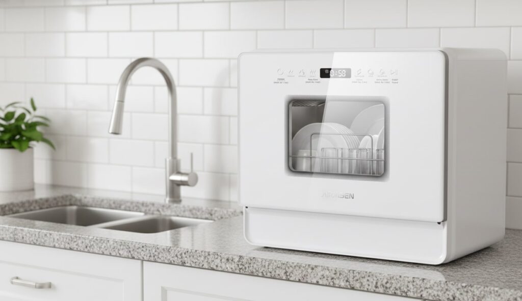 AIRMSEN AE-TDQR03 countertop dishwasher in grey, showing its display and controls, sitting on a light-colored stone kitchen surface.