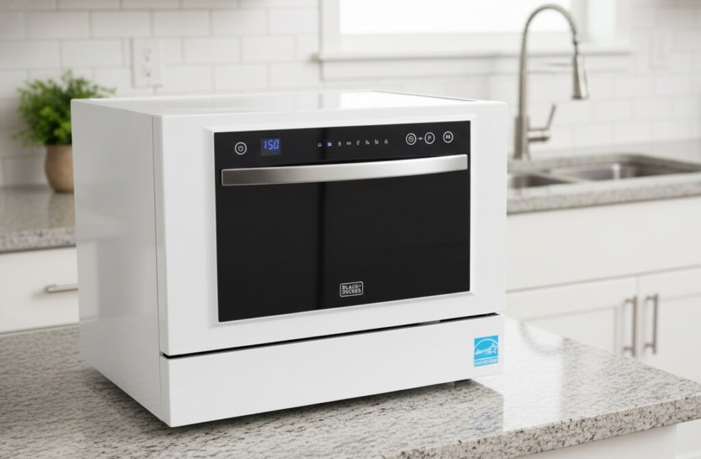 Black+Decker BCD6W countertop dishwasher in white, resting on a patterned kitchen counter, with a faucet and white wall tiles in the background.