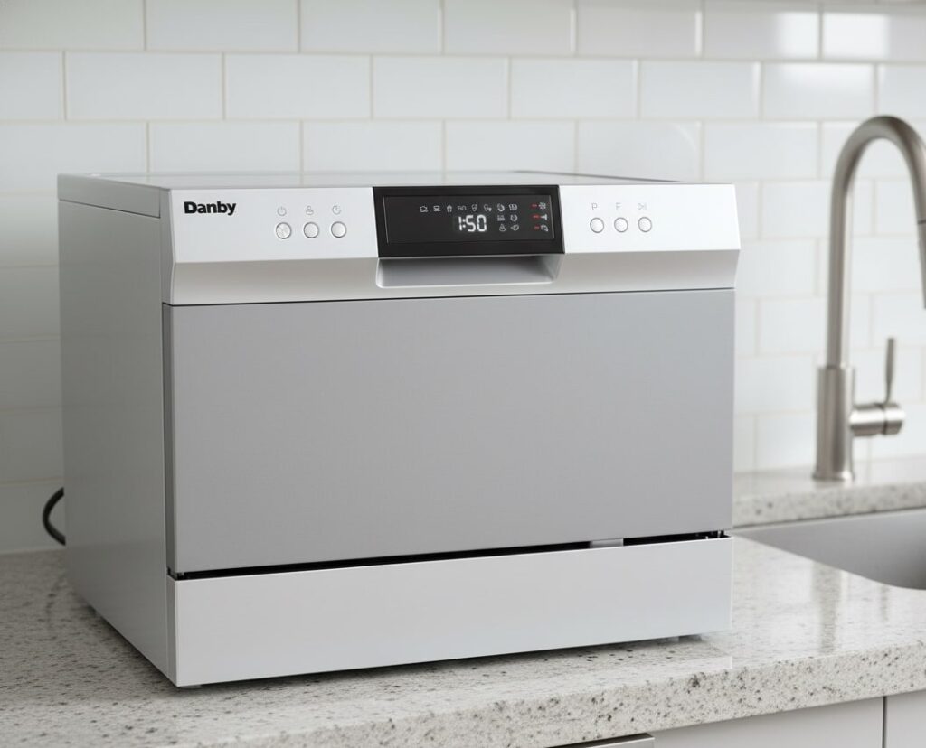Danby DDW631SDB countertop dishwasher in silver-grey, sitting on a marble-look kitchen counter near a sink with a stainless steel faucet.