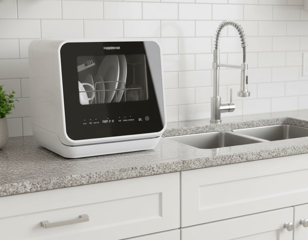 Farberware FDW05ASBWHA countertop dishwasher with a grey front panel, placed in a kitchen setting featuring white tiles and a sink.