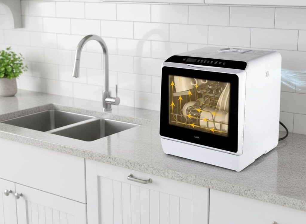 HAVA R01 Compact dishwasher with a grey front panel and digital display, placed on a kitchen countertop opposite a sink area.