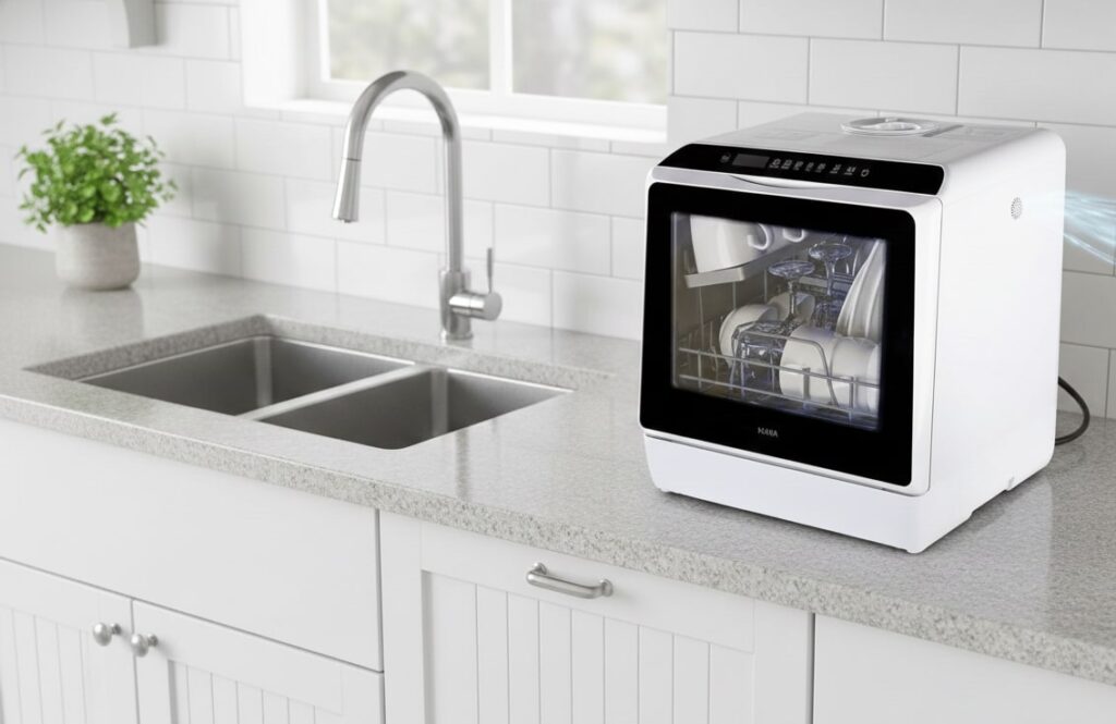 Hermitlux Portable Countertop Dishwasher with a grey casing, integrated into a kitchen scene, showing the countertop and white tiled backsplash.