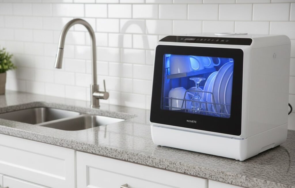 Novete TDQR01 dishwasher with a grey and white design, photographed on a light kitchen counter, with a tall chrome faucet to the right.