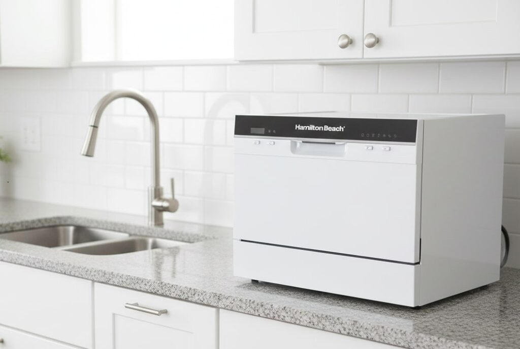 RCA RDW3208 countertop dishwasher in grey, positioned on a granite or marble kitchen countertop, near the basin and faucet.