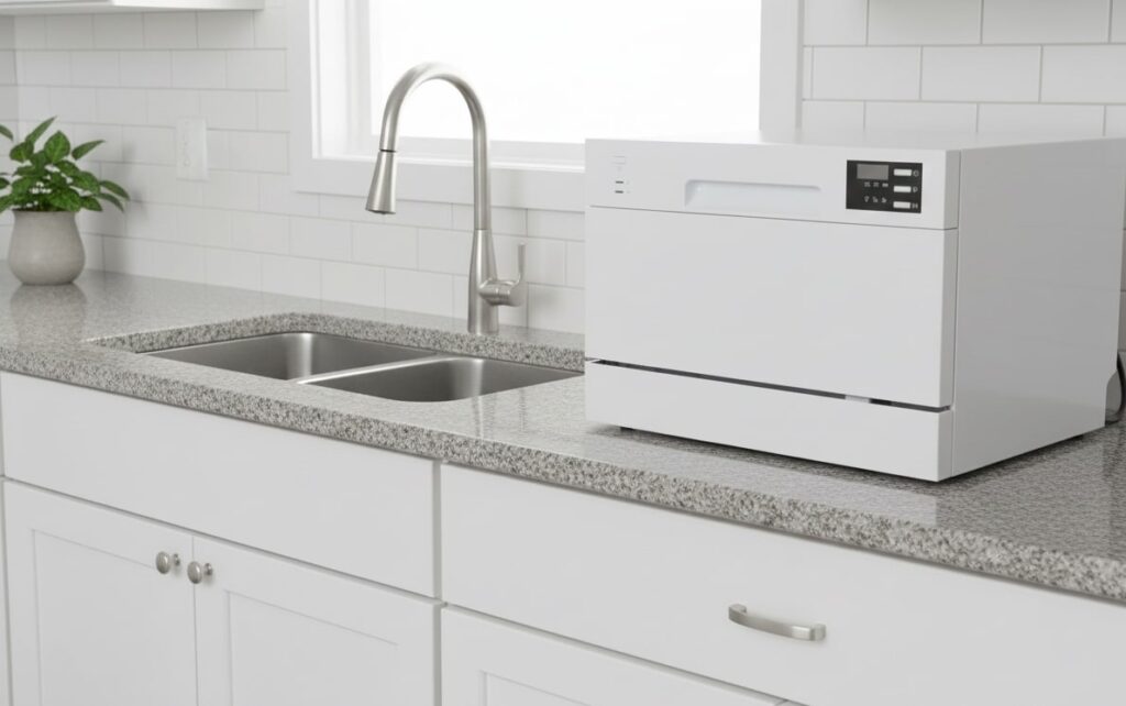 SPT (Sunpentown) SD-2225DS countertop dishwasher in silver, resting on a patterned counter, reflecting light from the white subway tile backsplash.