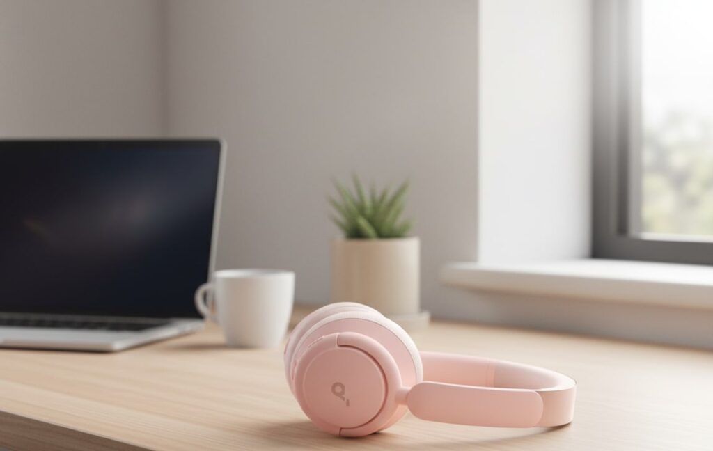 light pink soundcore Life Q30 in the table