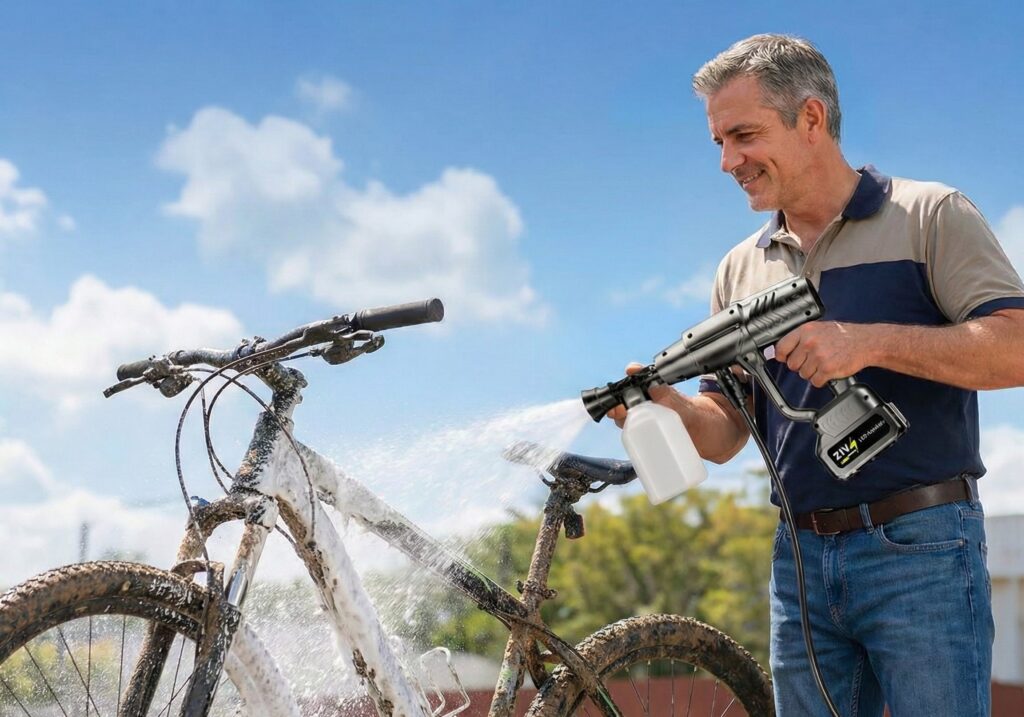 A man using the YKYI Cordless Pressure Washer Battery Powered with a foam cannon to clean a muddy bicycle, spraying thick soap foam onto the frame and wheels outdoors.