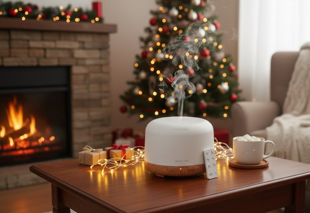 The ASAKUKI Essential Oil Diffuser sitting on a coffee table, adding a calming scent while a small group of people are gathered and talking around it.
