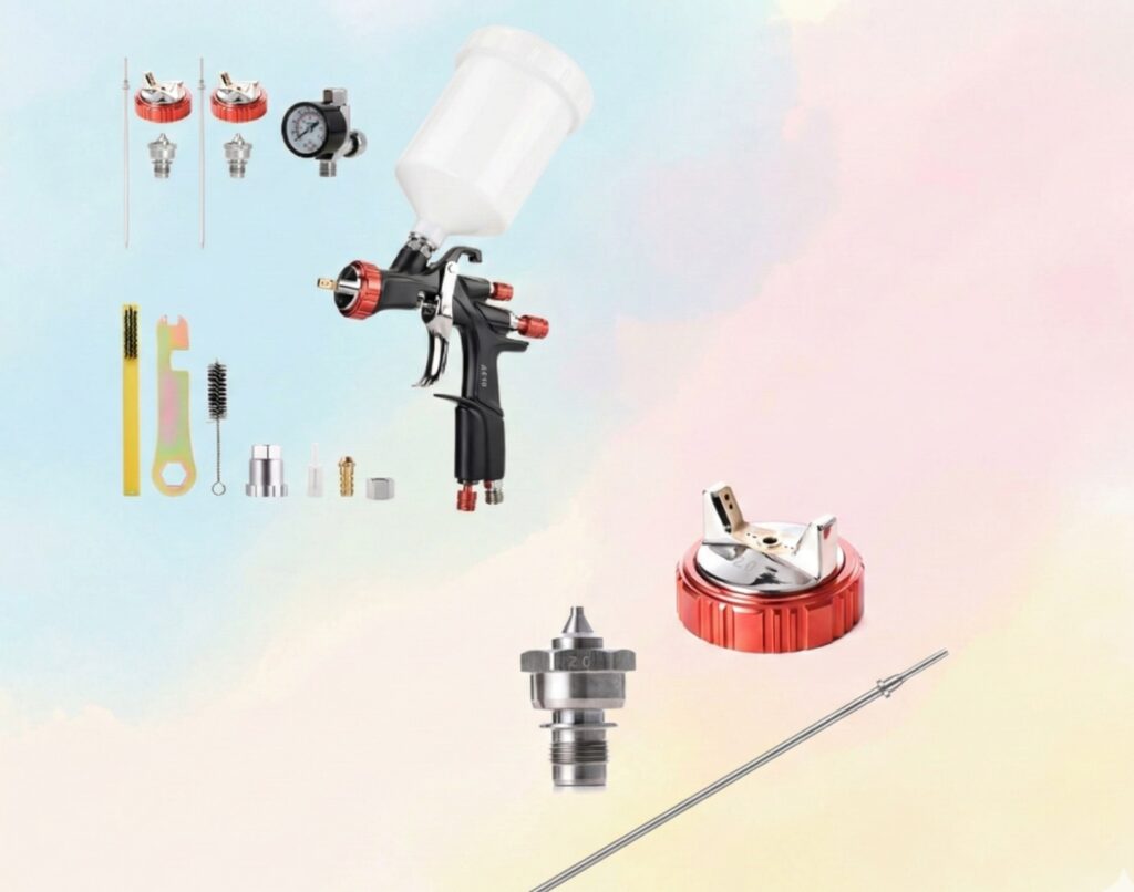 Aeropro A610 LVLP paint spray gun featuring a black body with red adjustment knobs and accessories