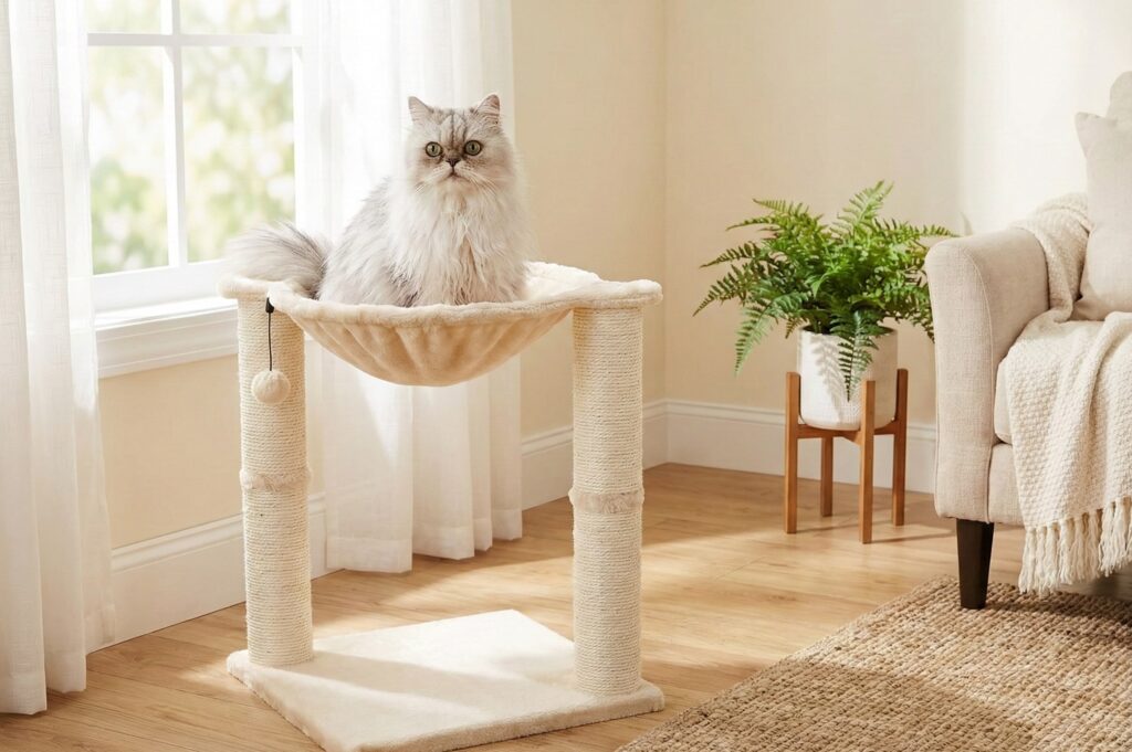 "Fluffy cat swatting at a hanging toy while lounging in the hammock of an Amazon Basics Cat Condo Tree Tower in a sunny living room.
